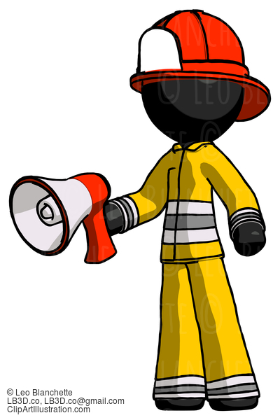 Black Firefighter Fireman Man Holding Megaphone Bullhorn Facing Right #13781