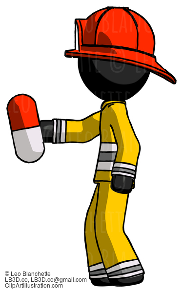 Black Firefighter Fireman Man Holding Red Pill Walking To Left #13782