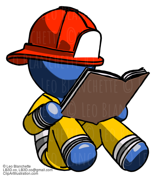 Blue Firefighter Fireman Man Reading Book While Sitting Down #14396