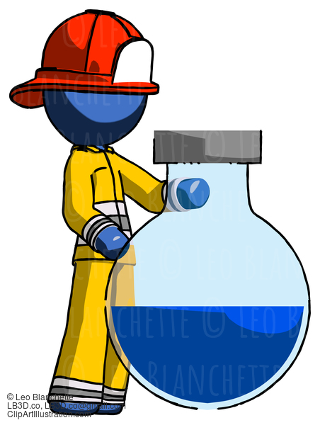 Blue Firefighter Fireman Man Standing Beside Large Round Flask Or Beaker #14397