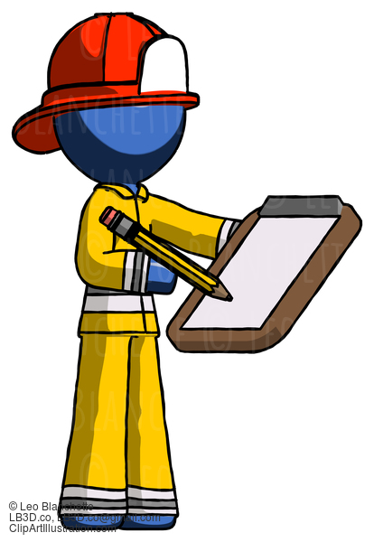 Blue Firefighter Fireman Man Using Clipboard And Pencil #14398