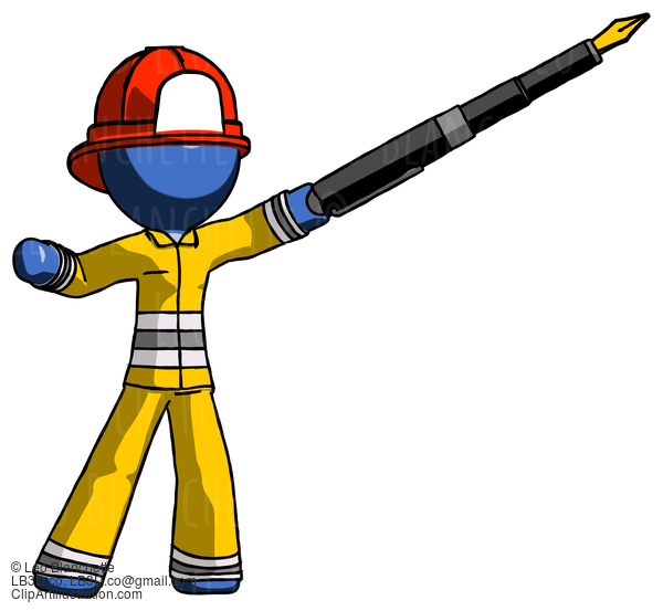 Blue Firefighter Fireman Man Pen Is Mightier Than The Sword Calligraphy Pose #14399