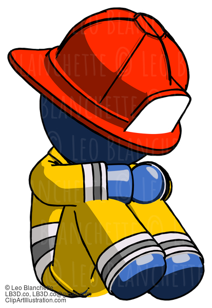 Blue Firefighter Fireman Man Sitting With Head Down Facing Angle Right #14403