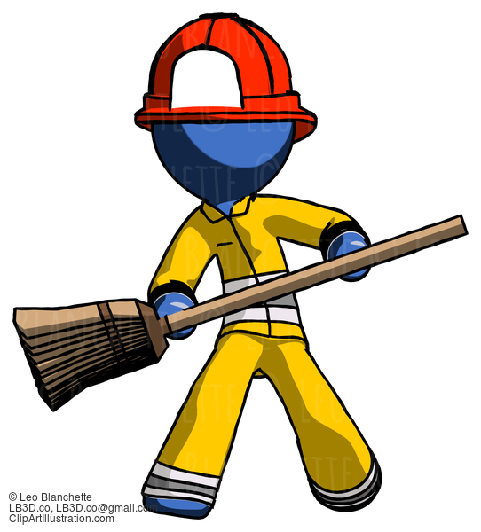 Blue Firefighter Fireman Man Broom Fighter Defense Pose #14409