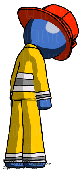 Blue Firefighter Fireman Man Depressed With Head Down, Back To Viewer, Right #14410