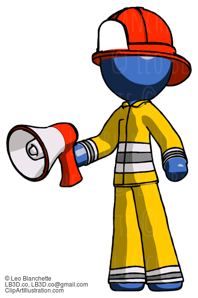 Blue Firefighter Fireman Man Holding Megaphone Bullhorn Facing Right #14412