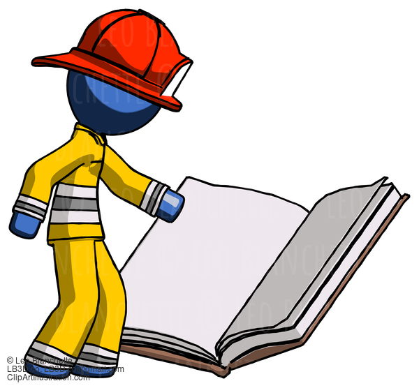 Blue Firefighter Fireman Man Reading Big Book While Standing Beside It #14413