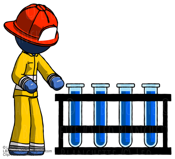 Blue Firefighter Fireman Man Using Test Tubes Or Vials On Rack #14416