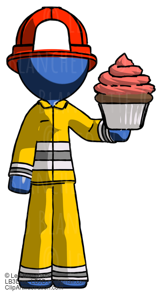 Blue Firefighter Fireman Man Presenting Pink Cupcake To Viewer #14423