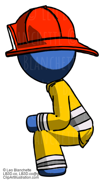 Blue Firefighter Fireman Man Squatting Facing Left #14424