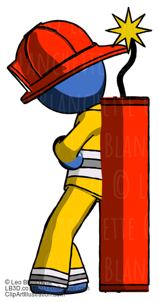 Blue Firefighter Fireman Man Leaning Against Dynimate, Large Stick Ready To Blow #14428