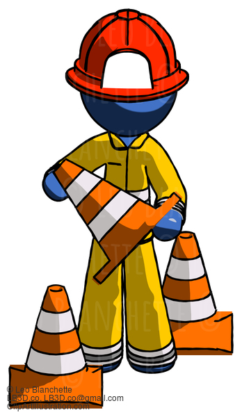 Blue Firefighter Fireman Man Holding A Traffic Cone #14429