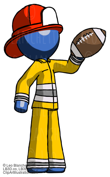 Blue Firefighter Fireman Man Holding Football Up #14430