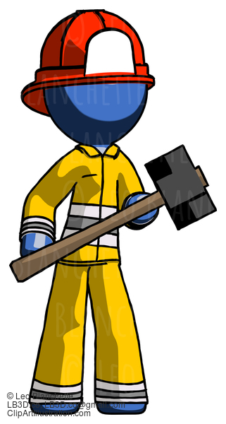 Blue Firefighter Fireman Man With Sledgehammer Standing Ready To Work Or Defend #14436