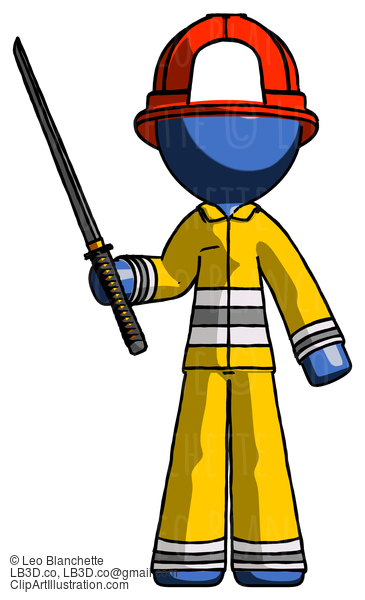 Blue Firefighter Fireman Man Standing Up With Ninja Sword Katana #14437