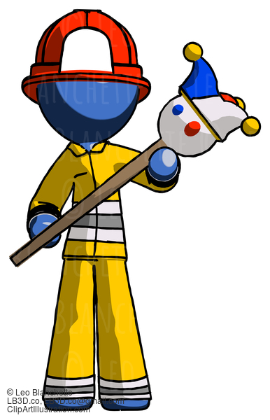 Blue Firefighter Fireman Man Holding Jester Diagonally #14438