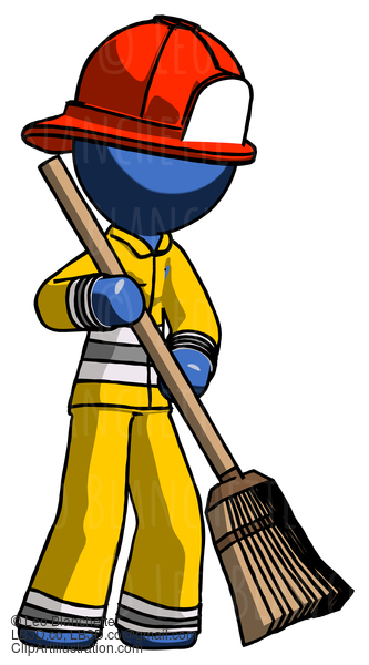 Blue Firefighter Fireman Man Sweeping Area With Broom #14439