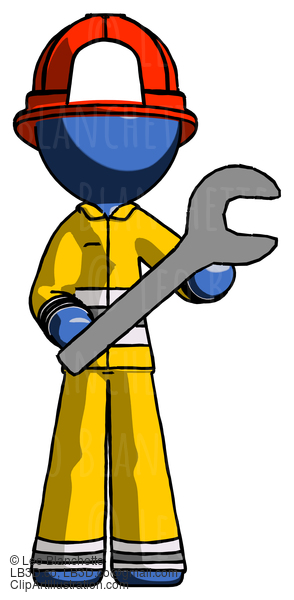 Blue Firefighter Fireman Man Holding Large Wrench With Both Hands #14442