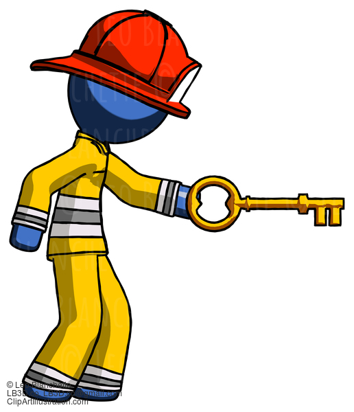 Blue Firefighter Fireman Man With Big Key Of Gold Opening Something #14445