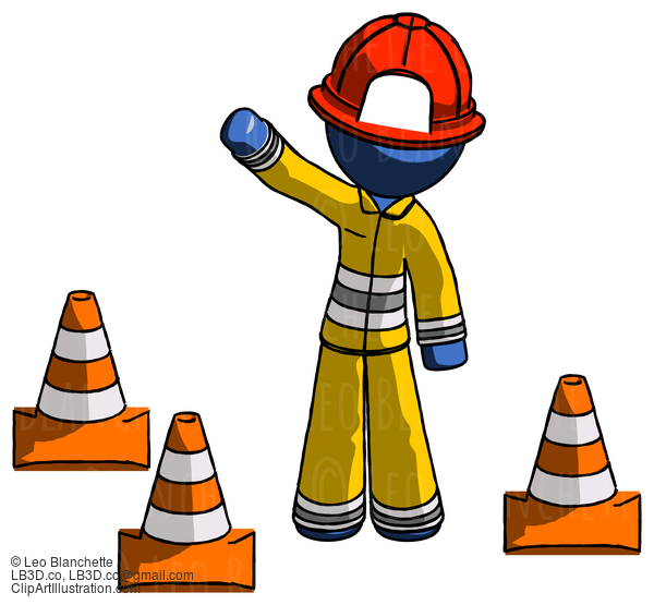 Blue Firefighter Fireman Man Standing By Traffic Cones Waving #14449