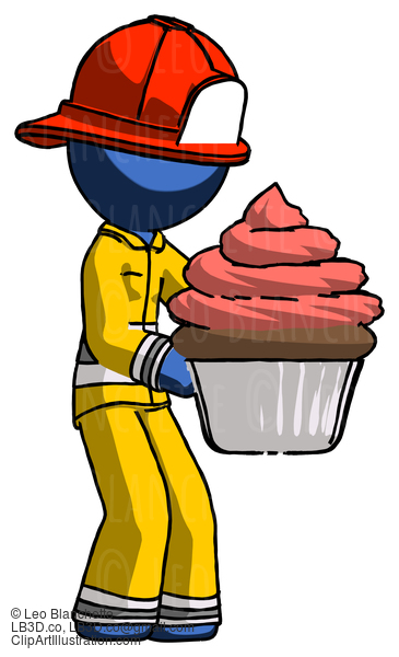 Blue Firefighter Fireman Man Holding Large Cupcake Ready To Eat Or Serve #14454