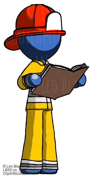 Blue Firefighter Fireman Man Reading Book While Standing Up Facing Away #14456