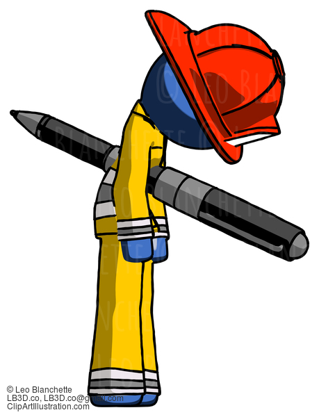 Blue Firefighter Fireman Man Impaled Through Chest With Giant Pen #14460