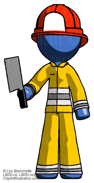 Blue Firefighter Fireman Man Holding Meat Cleaver #14461