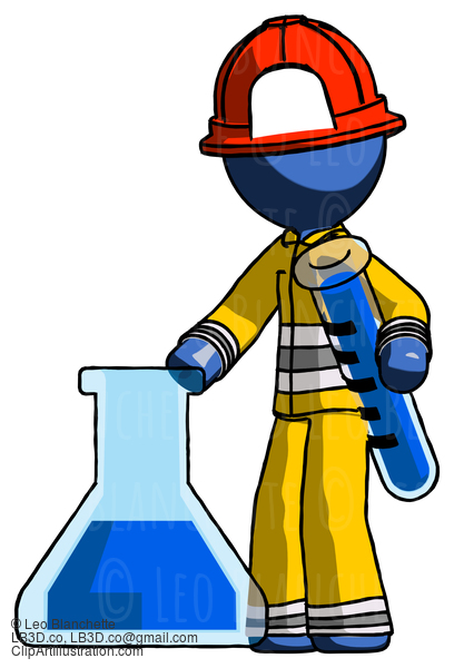 Blue Firefighter Fireman Man Holding Test Tube Beside Beaker Or Flask #14463