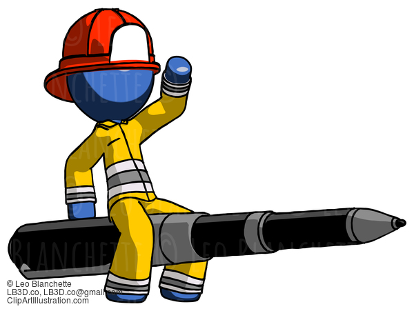 Blue Firefighter Fireman Man Riding A Pen Like A Giant Rocket #14466