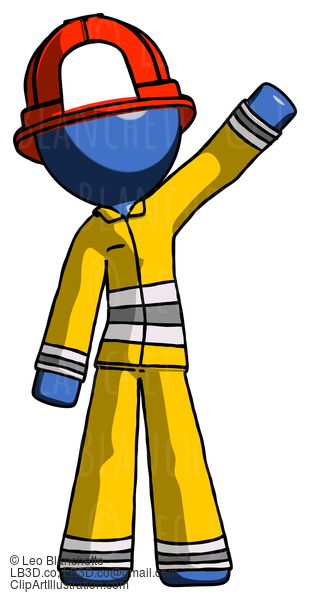 Blue Firefighter Fireman Man Waving Emphatically With Left Arm #14474