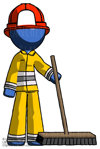 Blue Firefighter Fireman Man Standing With Industrial Broom #14476