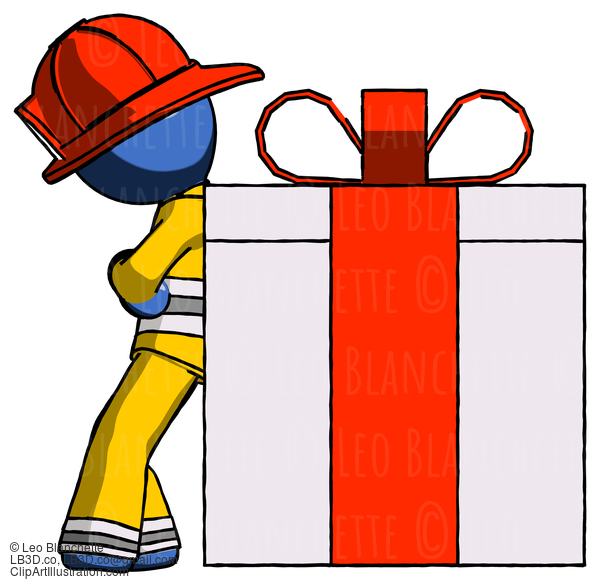 Blue Firefighter Fireman Man Gift Concept - Leaning Against Large Present #14481