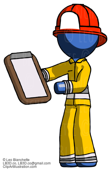 Blue Firefighter Fireman Man Reviewing Stuff On Clipboard #14482