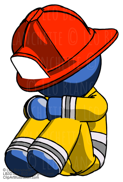 Blue Firefighter Fireman Man Sitting With Head Down Facing Angle Left #14484