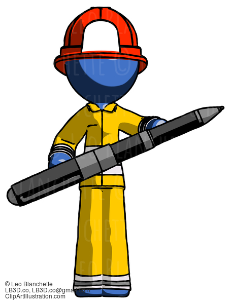 Blue Firefighter Fireman Man Posing Confidently With Giant Pen #14486