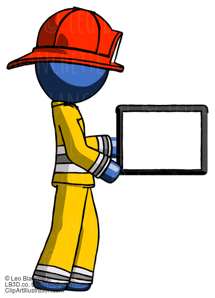 Blue Firefighter Fireman Man Show Tablet Device Computer To Viewer, Blank Area #14487