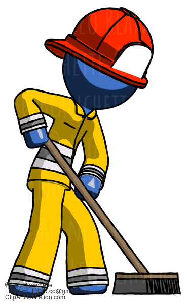 Blue Firefighter Fireman Man Cleaning Services Janitor Sweeping Side View #14489