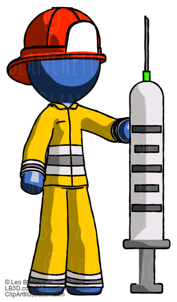 Blue Firefighter Fireman Man Holding Large Syringe #14490