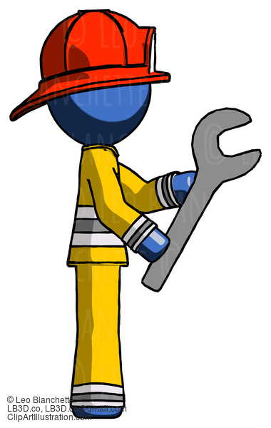 Blue Firefighter Fireman Man Using Wrench Adjusting Something To Right #14491