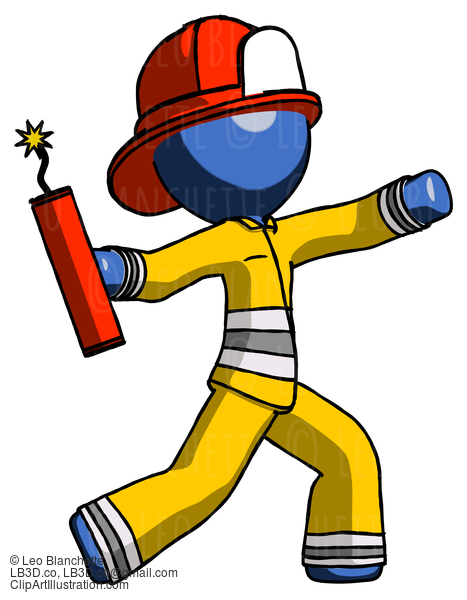 Blue Firefighter Fireman Man Throwing Dynamite #14494