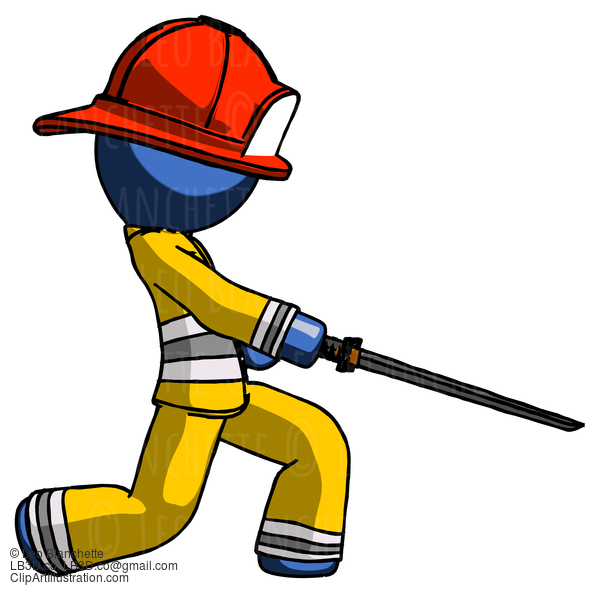 Blue Firefighter Fireman Man With Ninja Sword Katana Slicing Or Striking Something #14495