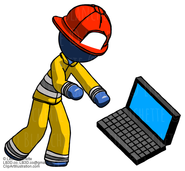 Blue Firefighter Fireman Man Throwing Laptop Computer In Frustration #14505