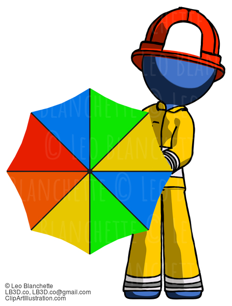 Blue Firefighter Fireman Man Holding Rainbow Umbrella Out To Viewer #14507