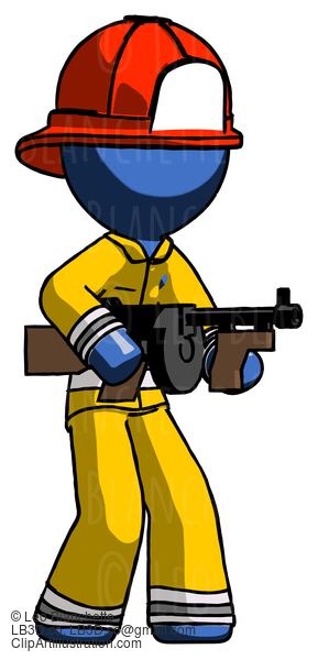 Blue Firefighter Fireman Man Tommy Gun Gangster Shooting Pose #14510