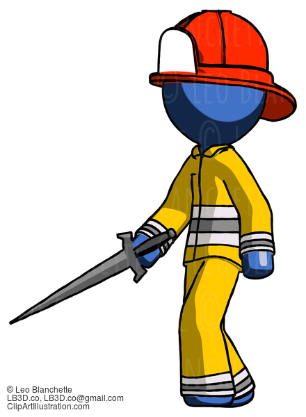 Blue Firefighter Fireman Man With Sword Walking Confidently #14512