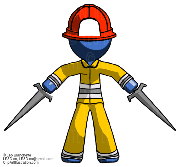 Blue Firefighter Fireman Man Two Sword Defense Pose #14517