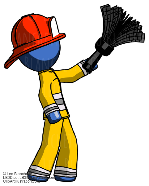 Blue Firefighter Fireman Man Dusting With Feather Duster Upwards #14523