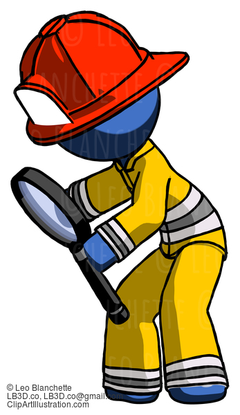 Blue Firefighter Fireman Man Inspecting With Large Magnifying Glass Left #14525