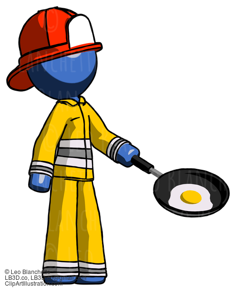 Blue Firefighter Fireman Man Frying Egg In Pan Or Wok Facing Right #14529